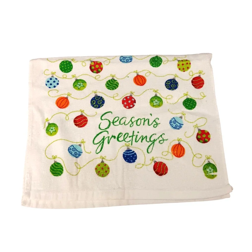 Christmas Kitchen Hand Towel Seasons Greetings Colorful Ornaments Holiday‎ Decor